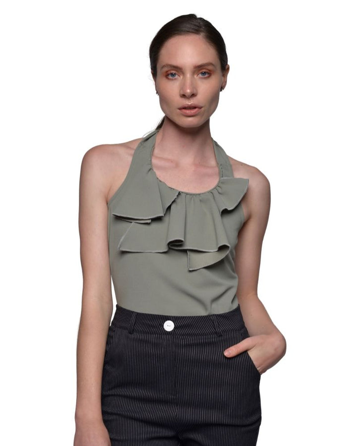 GREEN RUFFLED HALTER TOP | Claudia D'Armiento.