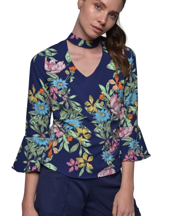 FLORAL TOP 3/4 SLEEVES WITH CHOKER NECKLINE | Claudia D'Armiento.