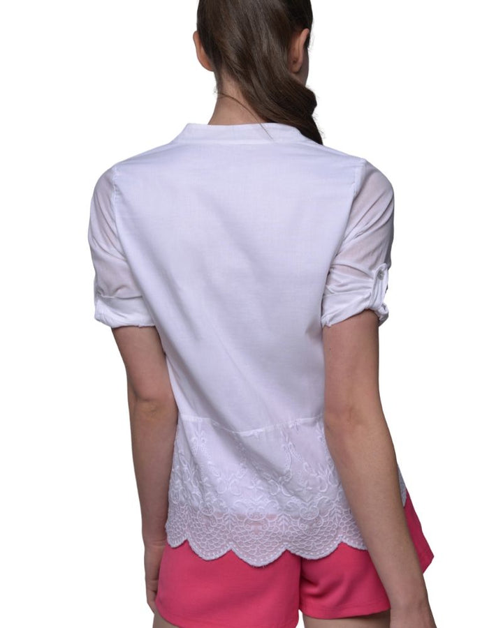WHITE TOP COTTON WITH LACE, 3/4 SLEEVES, V NECK | Claudia D'Armiento.