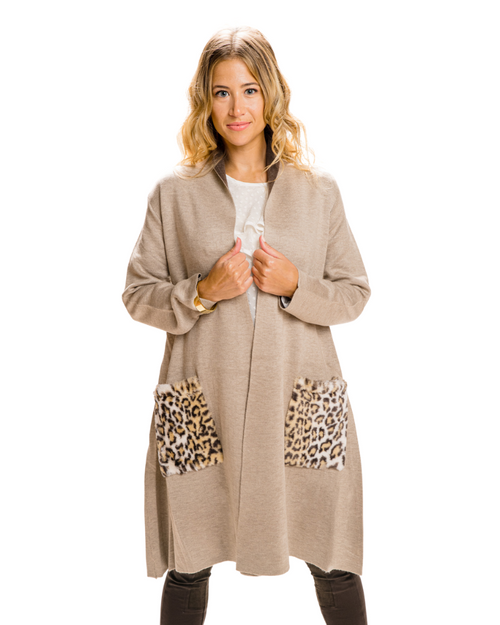 BEIGE OPEN CARDIGAN CHEETAH PRINT POCKETS | Claudia D'Armiento.