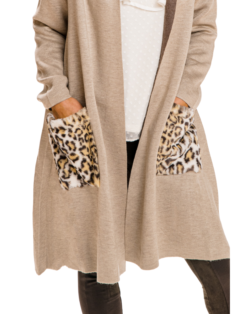 BEIGE OPEN CARDIGAN CHEETAH PRINT POCKETS | Claudia D'Armiento.